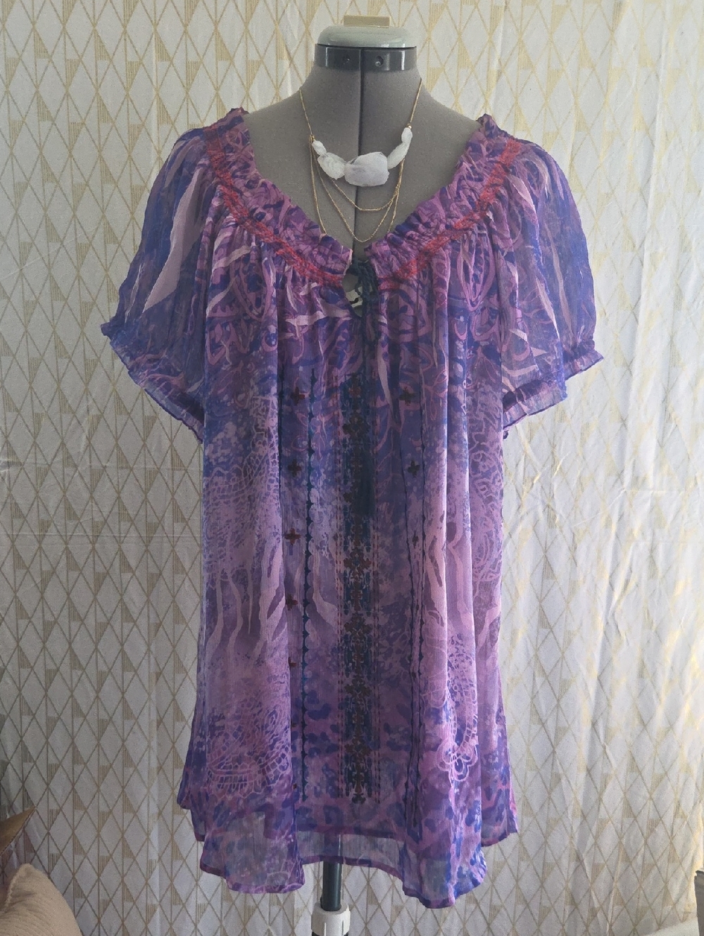 ONE WORLD Purple Sheer Paisley-Print Tunic Top